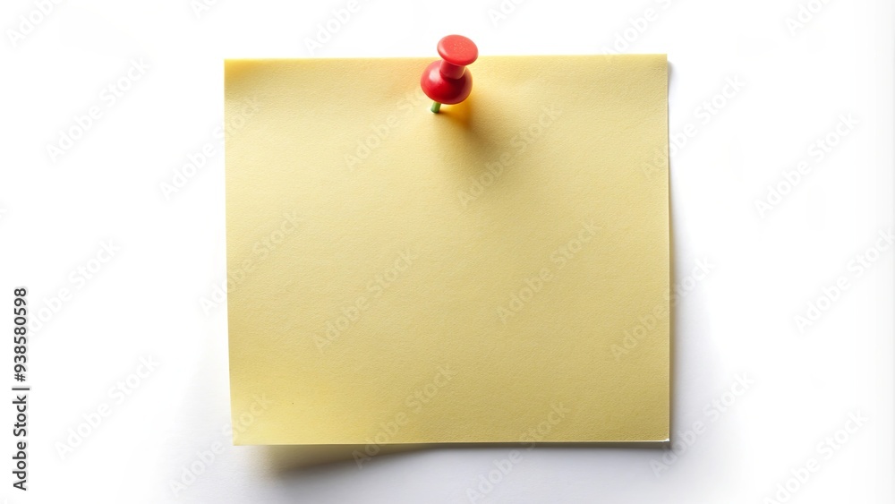 Note paper pinned with push pin on white background, office, supplies, stationery, organization, reminder Note paper pinned with push pin on white background, office, supplies, stationery, organization, reminder