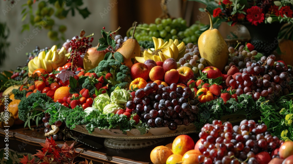 A delicious spread of colorful fruits and vegetables, artfully displayed and ready to eat. A delicious spread of colorful fruits and vegetables, artfully displayed and ready to eat.