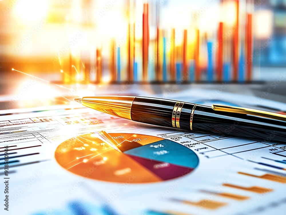 Obraz premium A close-up view of a pen on financial documents with colorful graphs and charts, symbolizing business analysis and strategy.