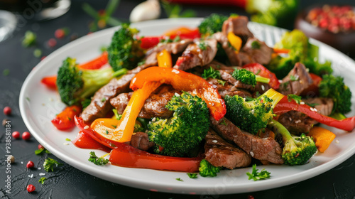 A deliciously colorful beef stir-fry with bell peppers and broccoli, served on a white plate.