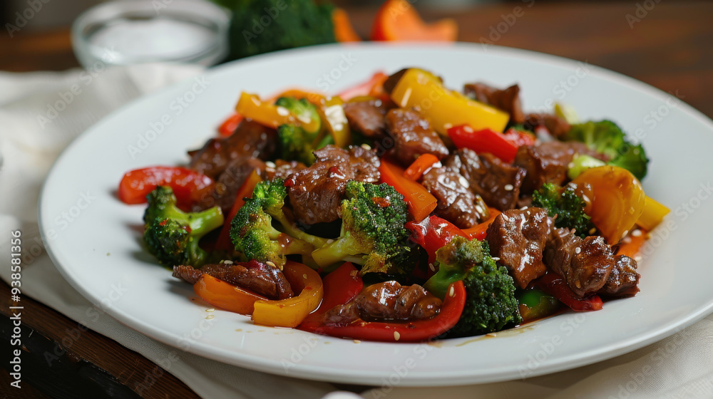 A deliciously colorful beef stir-fry with bell peppers and broccoli, served on a white plate. A deliciously colorful beef stir-fry with bell peppers and broccoli, served on a white plate.