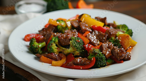 A deliciously colorful beef stir-fry with bell peppers and broccoli, served on a white plate.