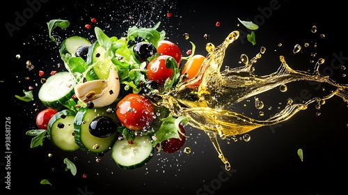 Fresh vegetables and olive oil splash create a vibrant and healthy food image, perfect for culinary and nutrition themes.