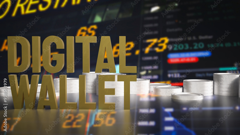 Obraz premium The Gold text digital wallet for Application or technology concept 3d rendering.