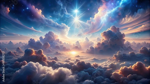 A mystical and ethereal visualization of cloud realms , Clouds, sky, fantasy, dreamy, surreal, ethereal, atmospheric