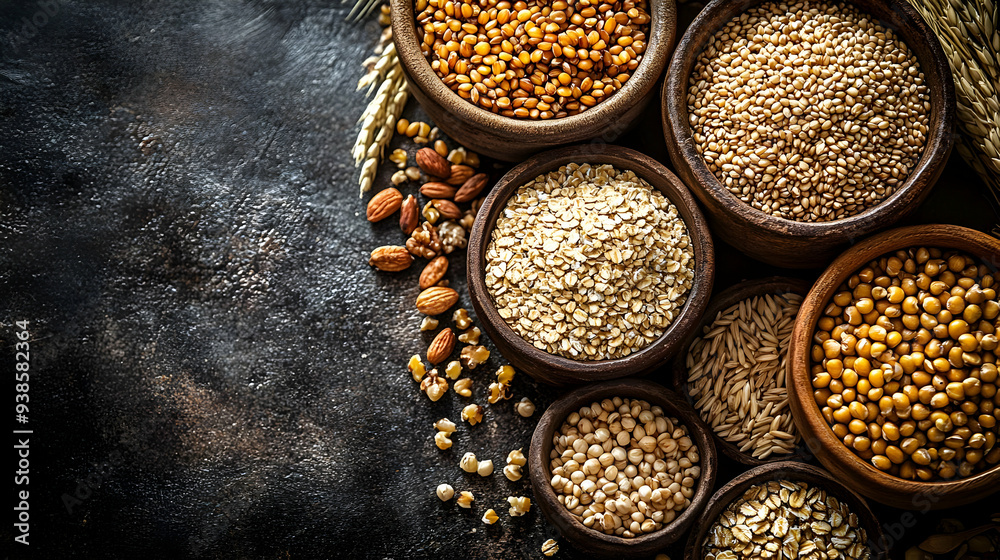 Various grains and seeds in wooden bowls on a dark textured background. Various grains and seeds in wooden bowls on a dark textured background.