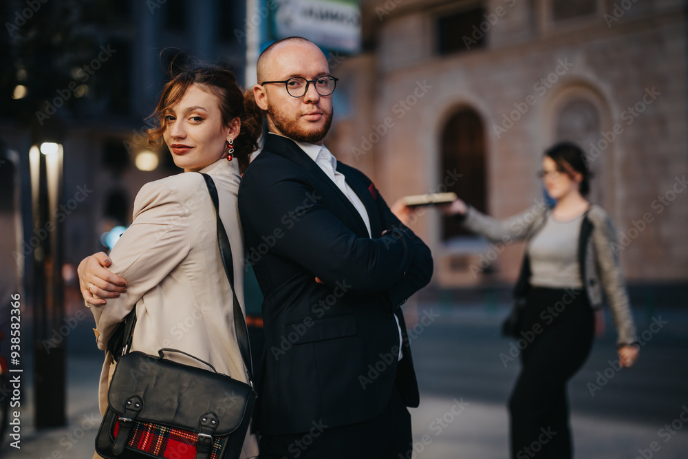 Confident business professionals standing back-to-back at night in the city, exuding power and style. Urban night scene showcasing dynamic partnership. Confident business professionals standing back-to-back at night in the city, exuding power and style. Urban night scene showcasing dynamic partnership.