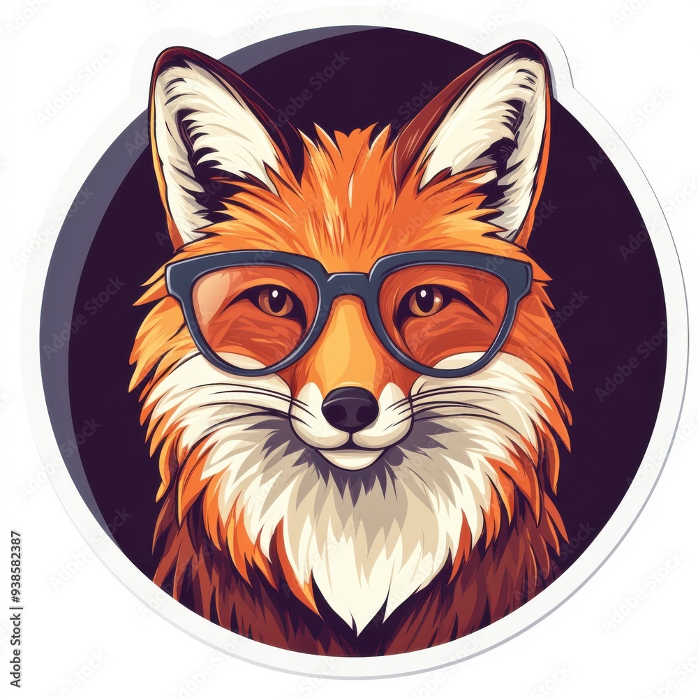 Sticker of a fox wearing trendy oversized glasses in circle shape, flat vector illustration, on white background, digital sticker, clipart, icon Sticker of a fox wearing trendy oversized glasses in circle shape, flat vector illustration, on white background, digital sticker, clipart, icon