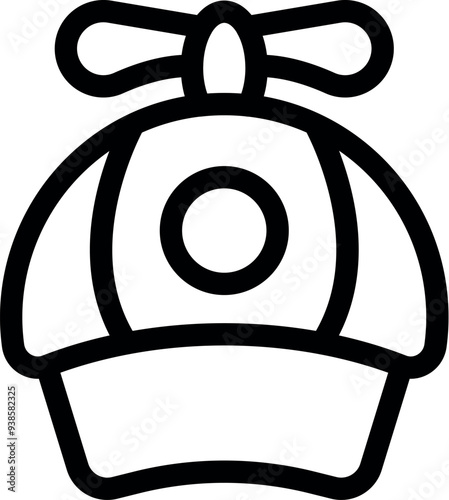 Simple black outline icon of a baseball cap with a spinning propeller on top