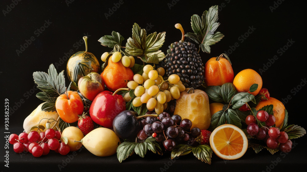 A delightful assortment of vividly carved fruits, displaying impressive craftsmanship. A delightful assortment of vividly carved fruits, displaying impressive craftsmanship.