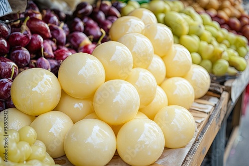 Round ball Edam cheese on market stall, Edammer kaas with a pale yellow or paraffin wax, Generative ai photo