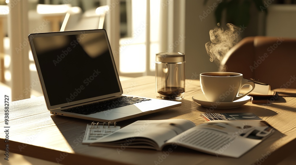 Fototapeta premium A coffee desk with a laptop, a steaming coffee cup, and a few magazines or a book on a modern wooden table.