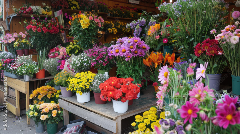 A delightful flower shop featuring a stunning display of bright and cheerful flowers. A delightful flower shop featuring a stunning display of bright and cheerful flowers.