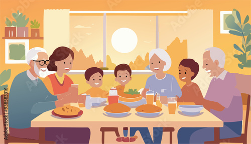 Grandmother, grandfather and grandchildren and parent are happily eating with their family.