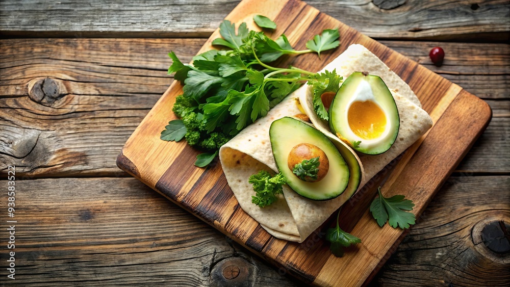 Fresh avocado, boiled egg, and parsley wrapped in a tortilla on a rustic wooden board, avocado, egg, parsley, wrap, tortilla Fresh avocado, boiled egg, and parsley wrapped in a tortilla on a rustic wooden board, avocado, egg, parsley, wrap, tortilla
