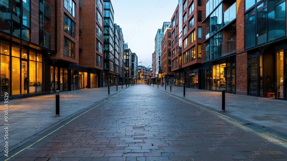 Fototapeta premium A street with mixed-use structures that combine housing and entertainment venues in urban design