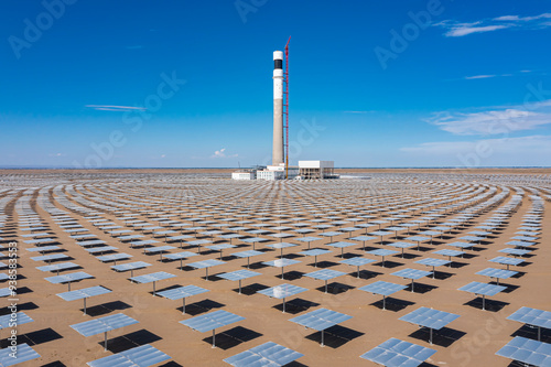 Aerial photo of a molten salt tower solar thermal power station under construction in Jiuquan, Gansu Province, China photo