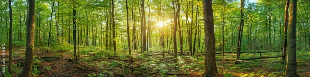 Obraz premium Stunning Panoramic Scene of a Picturesque Deciduous Forest Covered in Vibrant Greenery with Sunlight Streaming Through the Foliage