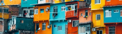 Vibrant Brazilian Favela Cityscape, colorful buildings rising amidst urban life, ideal for graphic art projects, showcasing the unique charm and energy of favela culture. photo