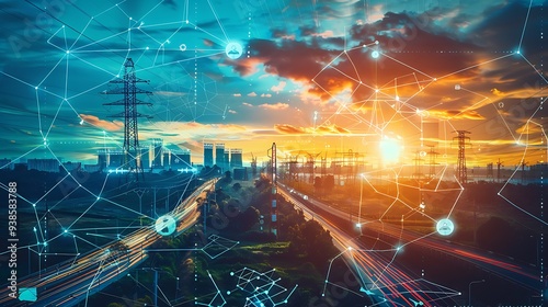 Wallpaper Mural scenic view of a city's power grid at sunset. The image showcases the digital transformation of the city's infrastructure, with a network of interconnected lines and towers. Torontodigital.ca