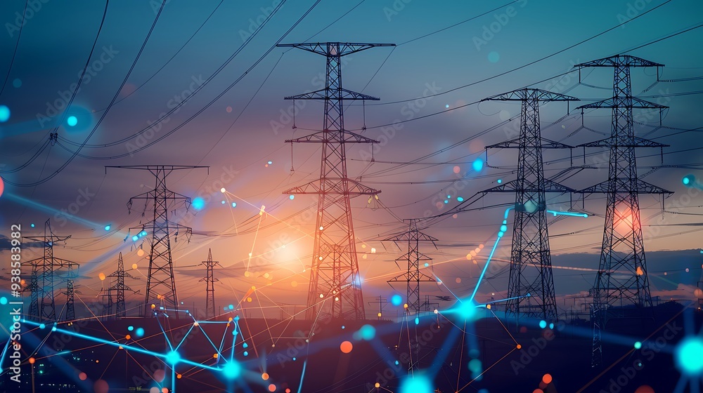 © improvee design - Silhouette of power lines against a sunset sky, with glowing dots depicting the flow of electricity. The image represents the power infrastructure and the interconnectedness of the electrical grid.