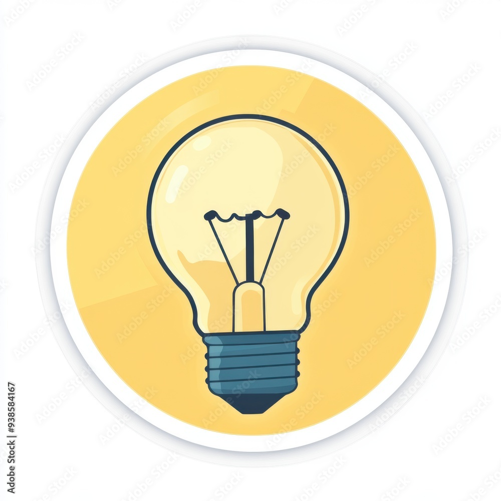 Sticker of a lightbulb in circle shape, flat vector illustration, on white background, digital sticker, clipart, icon Sticker of a lightbulb in circle shape, flat vector illustration, on white background, digital sticker, clipart, icon