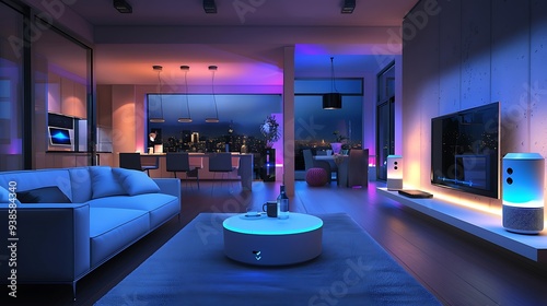 Modern living room with smart home technology features comfortable white sofa coffee table with glowing lights large screen TV and cityscape view for connected lifestyle innovation concept.