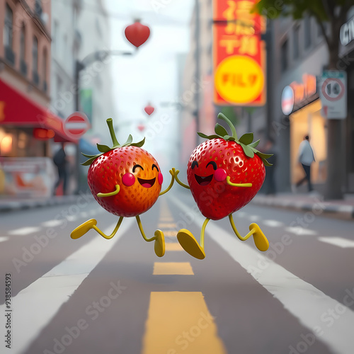 Strawberry Love: Two adorable, animated strawberries, hand in hand, skip down a bustling city street. Their cheerful faces and playful stride create a fun, whimsical mood. The perfect image for brandi photo