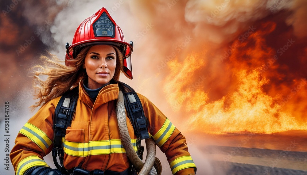 firefighter in full gear holding a hose, with a backdrop of a burning building, watercolor firefighter in full gear holding a hose, with a backdrop of a burning building, watercolor