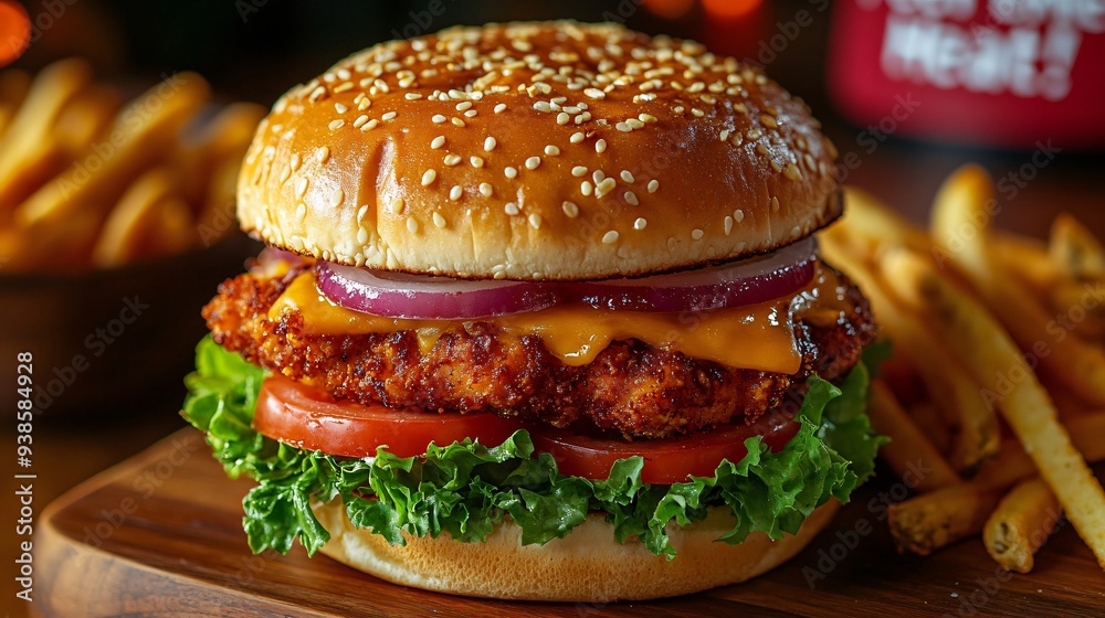 Delicious crispy chicken burger with lettuce, onion, tomato and cheese is waiting on a wooden table Delicious crispy chicken burger with lettuce, onion, tomato and cheese is waiting on a wooden table