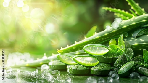A bunch of green aloe vera leaves and cucumber slices on a table