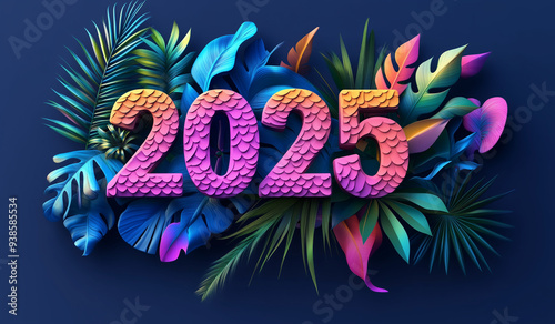 Balloons 2025 surrounded by tropical foliage on a bright blue background - New Year's Eve meeting in a festive atmosphere 