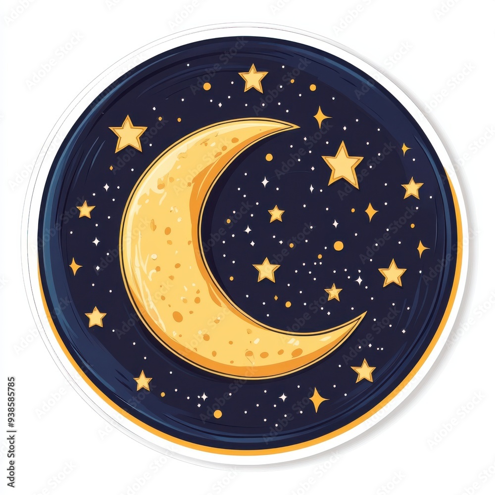 Naklejka premium Sticker of a moon and stars in circle shape, flat vector illustration, on white background, digital sticker, clipart, icon