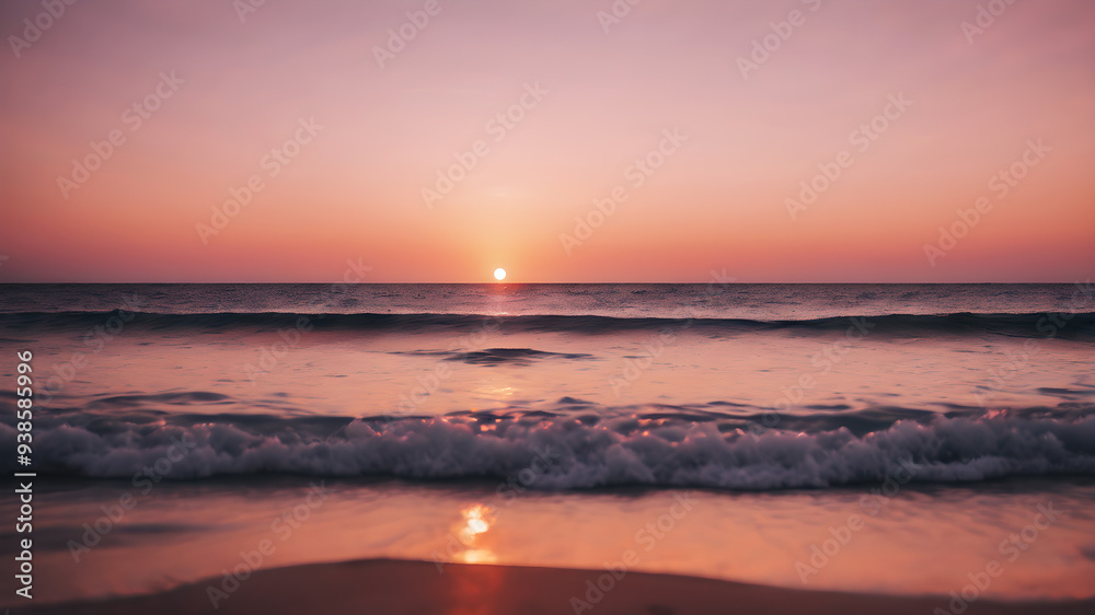 A serene sunset over a calm ocean with soft pink and orange hues A serene sunset over a calm ocean with soft pink and orange hues