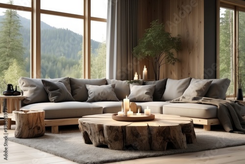 Sofa with gray cushions and tree stump coffee table with candles at the window with forest view. Scandinavian home interior design modern living room in chalet. 3d rendering