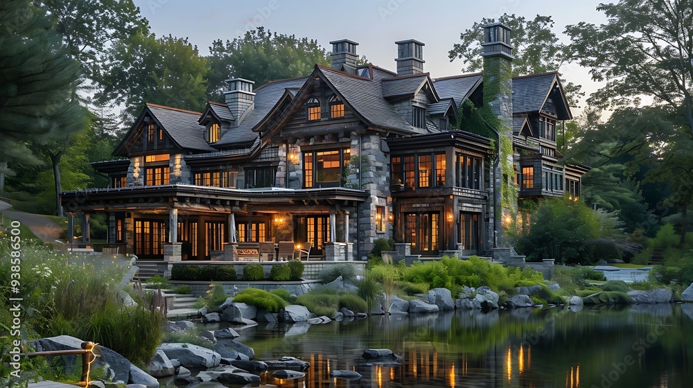 Fototapeta premium majestic luxury lakefront home with stone and wood exterior, set against a lush green backdrop with a pond reflecting the warm lights in the evening.