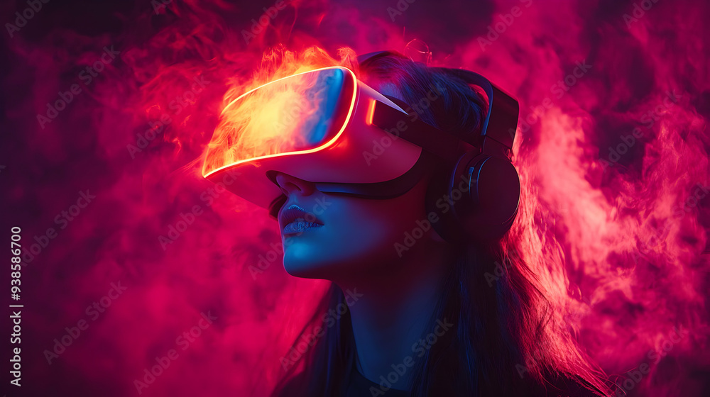 Woman wearing VR headset with colorful lights and smoke. Woman wearing VR headset with colorful lights and smoke.