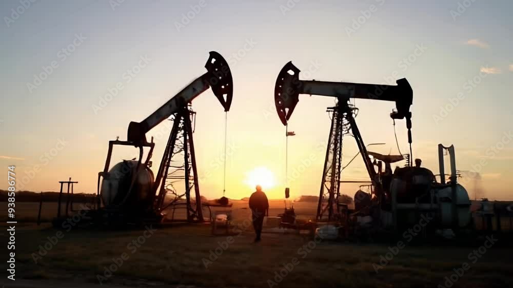 Moving Between Two Working Oil Pumps To Sunset generative AI Moving Between Two Working Oil Pumps To Sunset generative AI