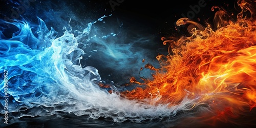 Abstract background featuring black, orange, blue fire, ice, wind, water, and earth elements , abstract, black, orange, blue, fire