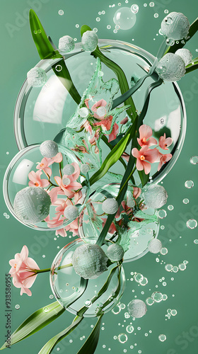 Dreamy Crystal Pastel Floral Medley with Bubbles and Sparkling Portrait Background. HD High Quality Colorful Vibrant Flower Wallpaper for iPhone Mobile. 8K Aquatic High-Definition Image of Flowers