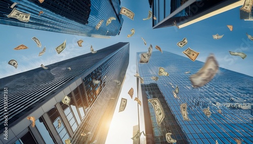 オフィス街に散る紙幣、金融危機のイメージe