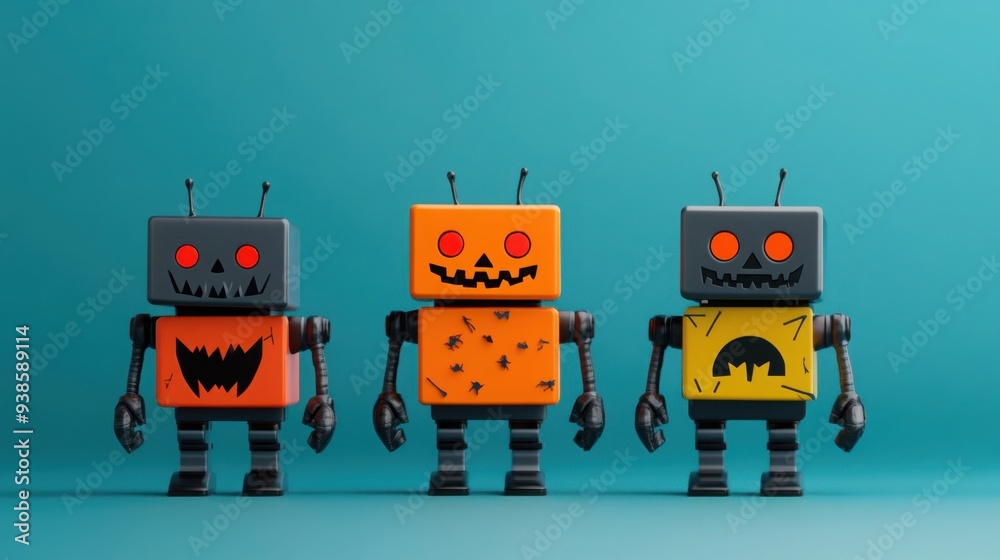 Fototapeta premium Halloween-themed robots with creepy decorations, 3D illustration