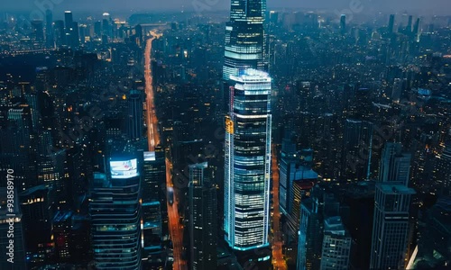 Night view of a bustling Hong Kong cityscape with skyscrapers and city lights photo