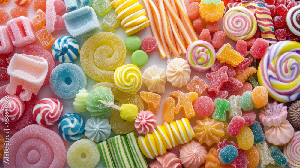 Fototapeta premium A playful and colorful assortment of candies, arranged to highlight their bright and cheerful hues.