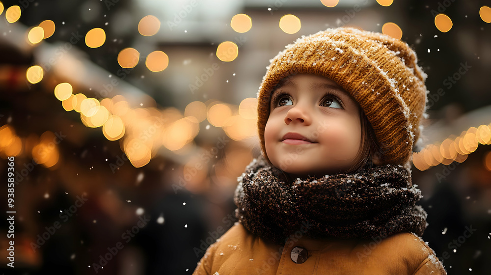 Young girl in a warm hat and scarf looks up at falling snow with sparkling lights in the background.