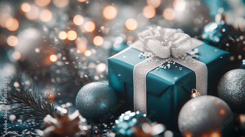 Holiday Elegance: Close-Up on Teal Gift Boxes with White Ribbons Amidst Sparkling Christmas Ornaments. Holiday Elegance: Close-Up on Teal Gift Boxes with White Ribbons Amidst Sparkling Christmas Ornaments.