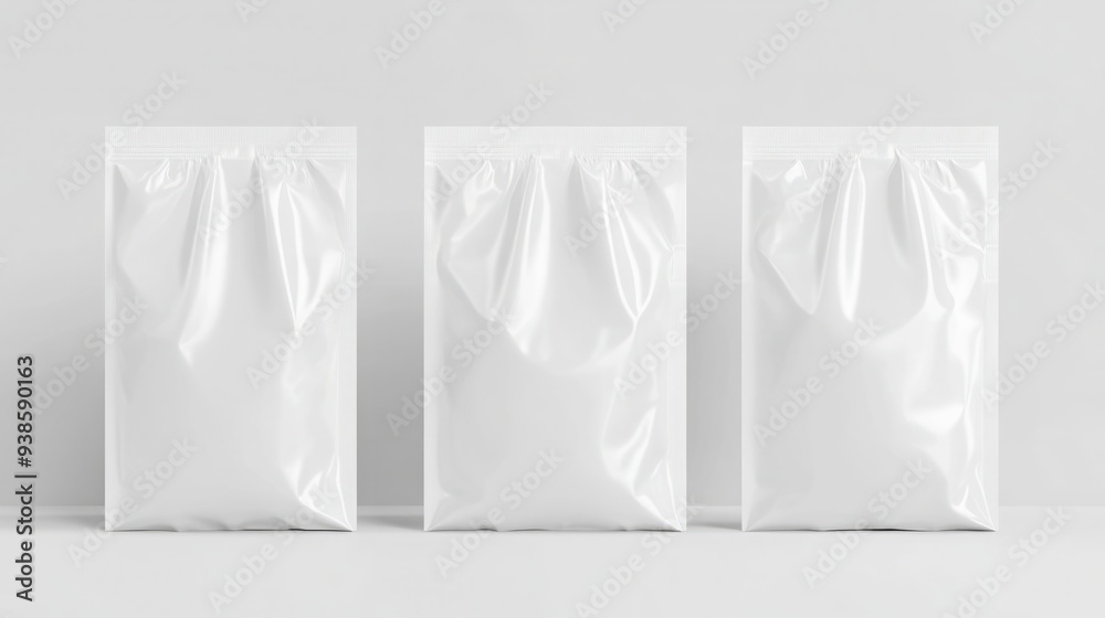 Elegant Showcase: Three Stand-Up White Pouch Bags on a Lit White Surface for Minimalist Packaging Design.