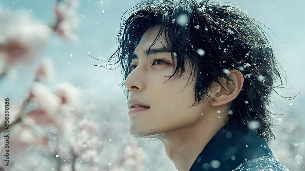 Young man with windblown hair and snow falling on him, looking off to the side. Young man with windblown hair and snow falling on him, looking off to the side.