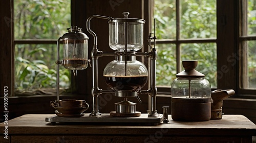  high-end coffee siphon setup, elegantly arranged on a polished marble countertop, exudes opulence and sophistication.  photo