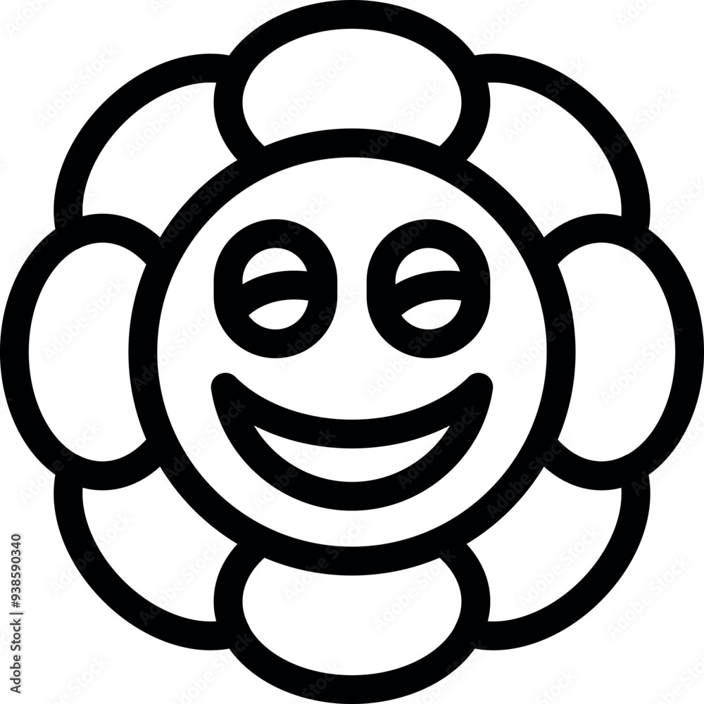 Line art illustration of a happy smiling flower with closed eyes Line art illustration of a happy smiling flower with closed eyes